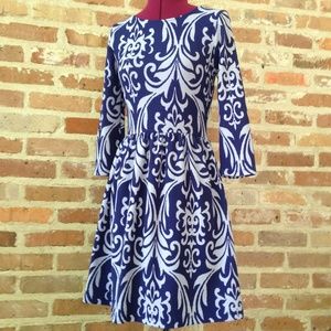 Blue Damask Print A-line Knee Length Dress Small